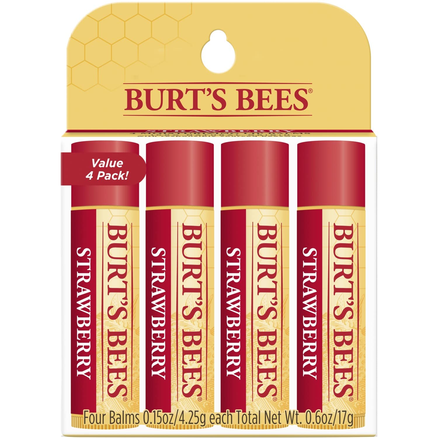 Burt's Bees - Bálsamo labial hidratante 100 % natural, fresa con cera de abejas y extractos de frutas, 4 tubos