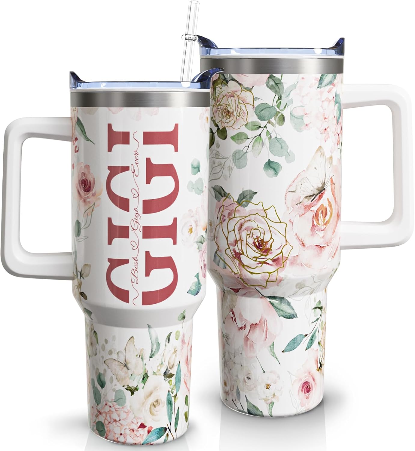 Mimi - Vaso de café con asa y pajita, de acero inoxidable, con diseño de Best Mimi Ever Sky Blue, 40 onzas, regalo para la abuela