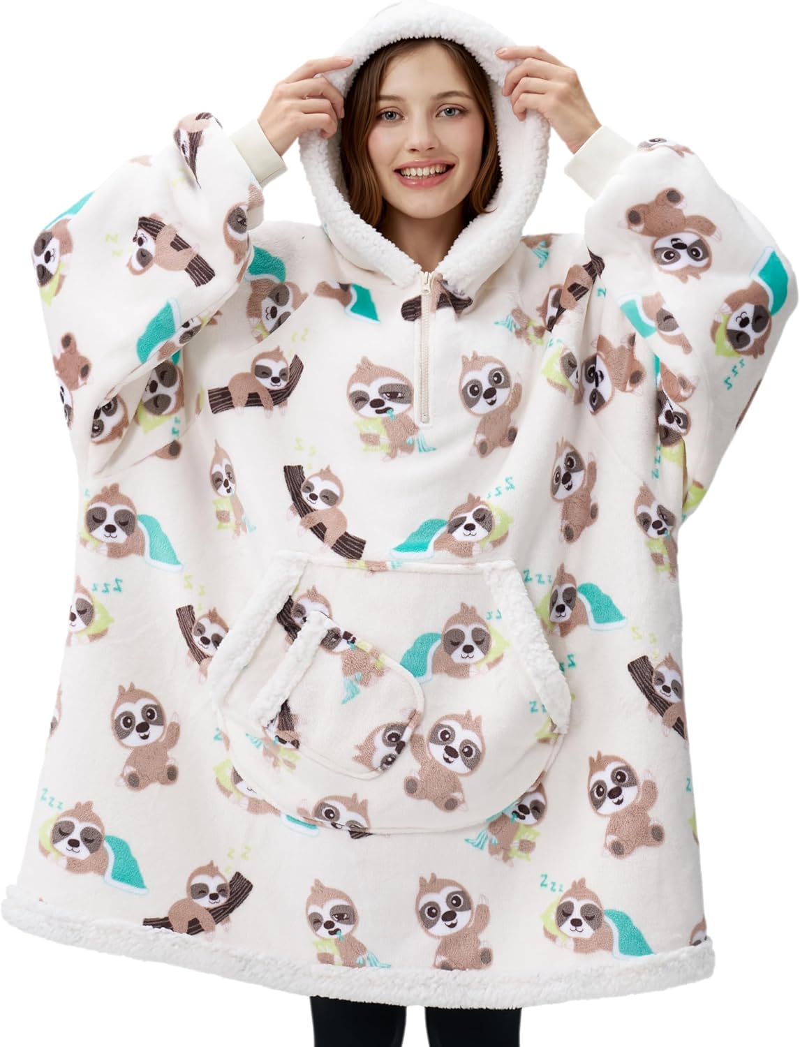 Giggling Getup Manta con capucha para adultos, regalos para adolescentes, niñas, hermanas, mujeres, forro polar sherpa, sudadera con capucha, cálida y acogedora con bolsillo y mangas, color beige gato