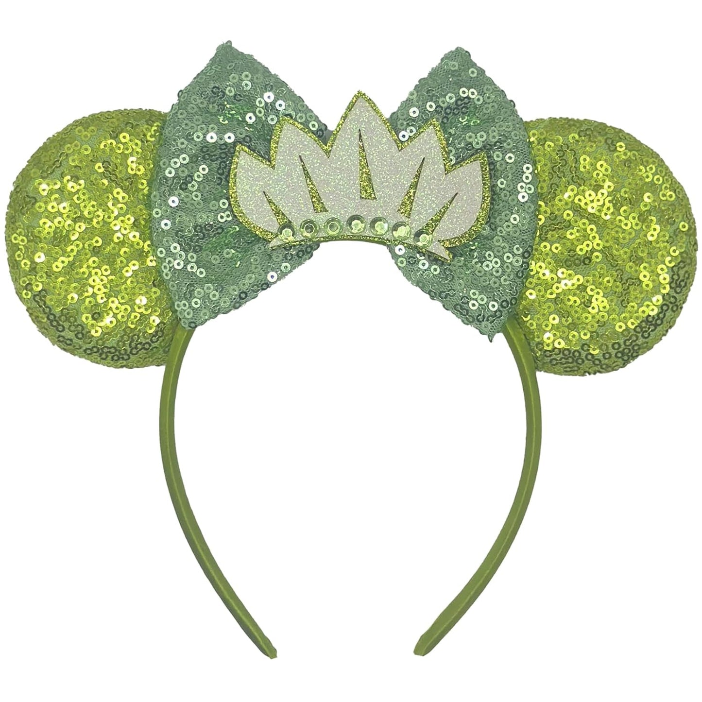 Diadema con orejas de ratón - Banda para el pelo con purpurina para fiestas en parques temáticos, blanco, verde, 1 recuento (paquete de 1)