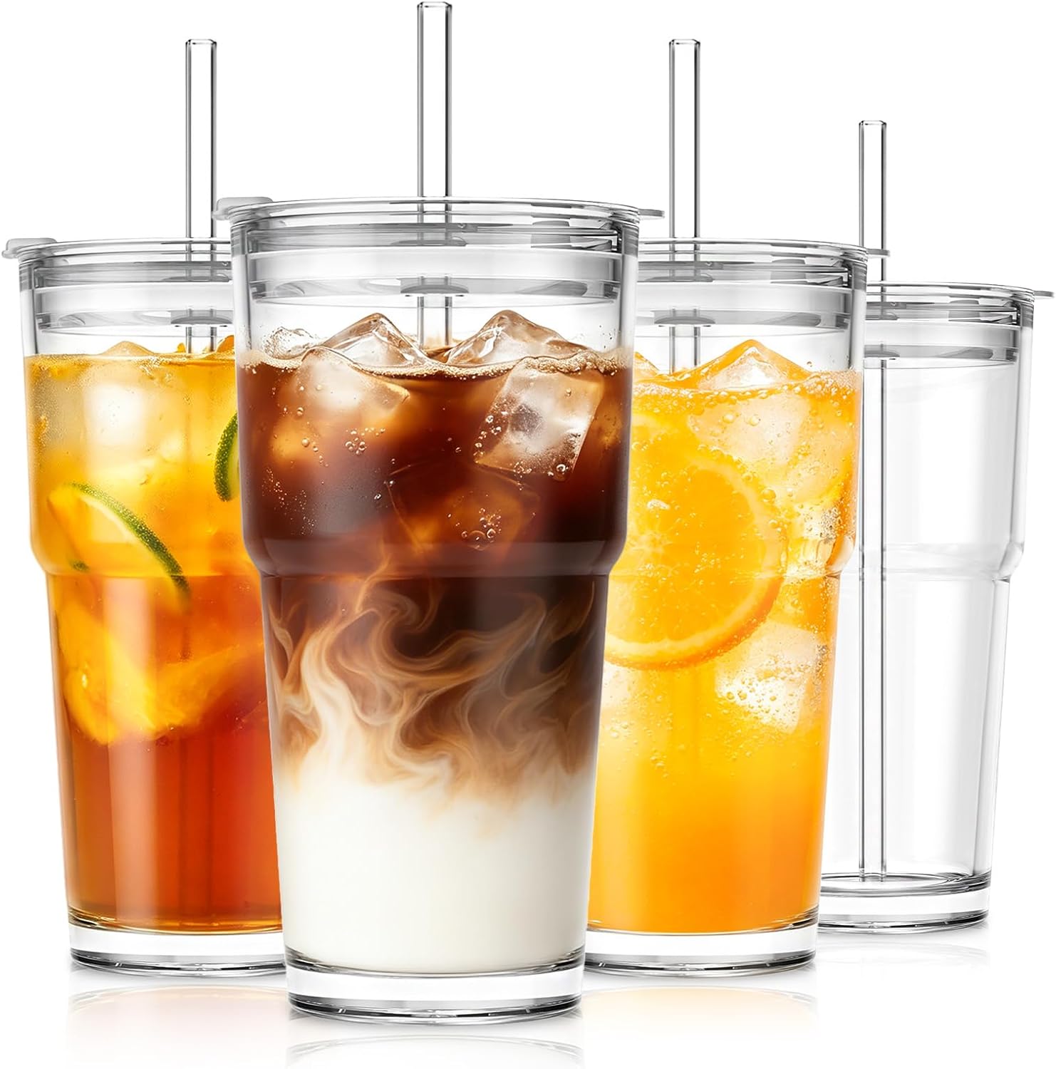 SoulTimes Juego de 2 vasos de vidrio acanalados y florales de 20 onzas, vasos de vidrio reutilizables con tapa y popote de vidrio, tazas de café helado para agua, batido, leche, cóctel y más, perfecto