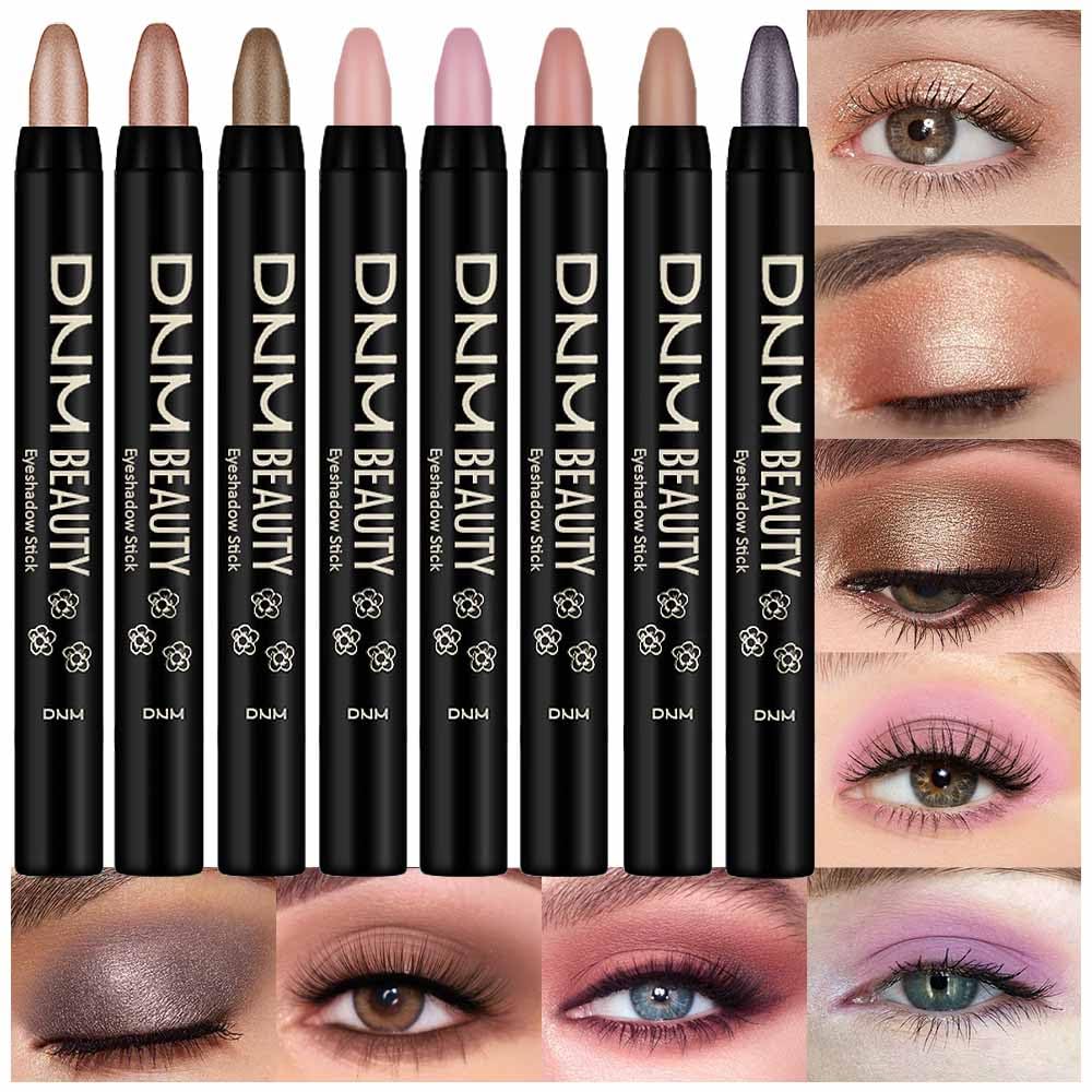Juego de 8 piezas de barras iluminadoras de sombra de ojos en crema, champán perla gris topo bronce cacao piedra masilla amatista ahumada con brillo mate, lápiz delineador de ojos, barra aplicadora
