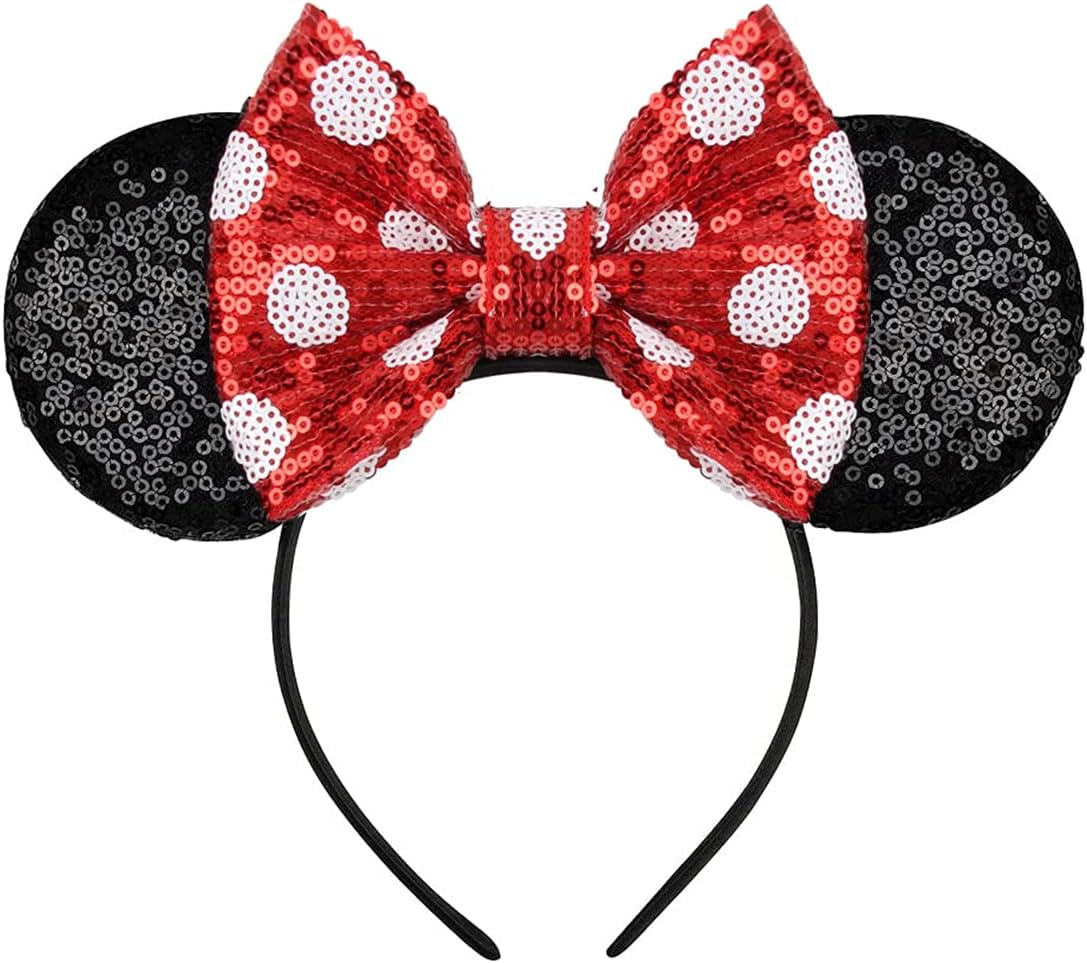 Eisyaa Diadema de orejas de ratón, orejas de ratón rosas con lentejuelas para mujeres y niñas, diadema de lazo brillante para decoración de fiesta de disfraces de cosplay