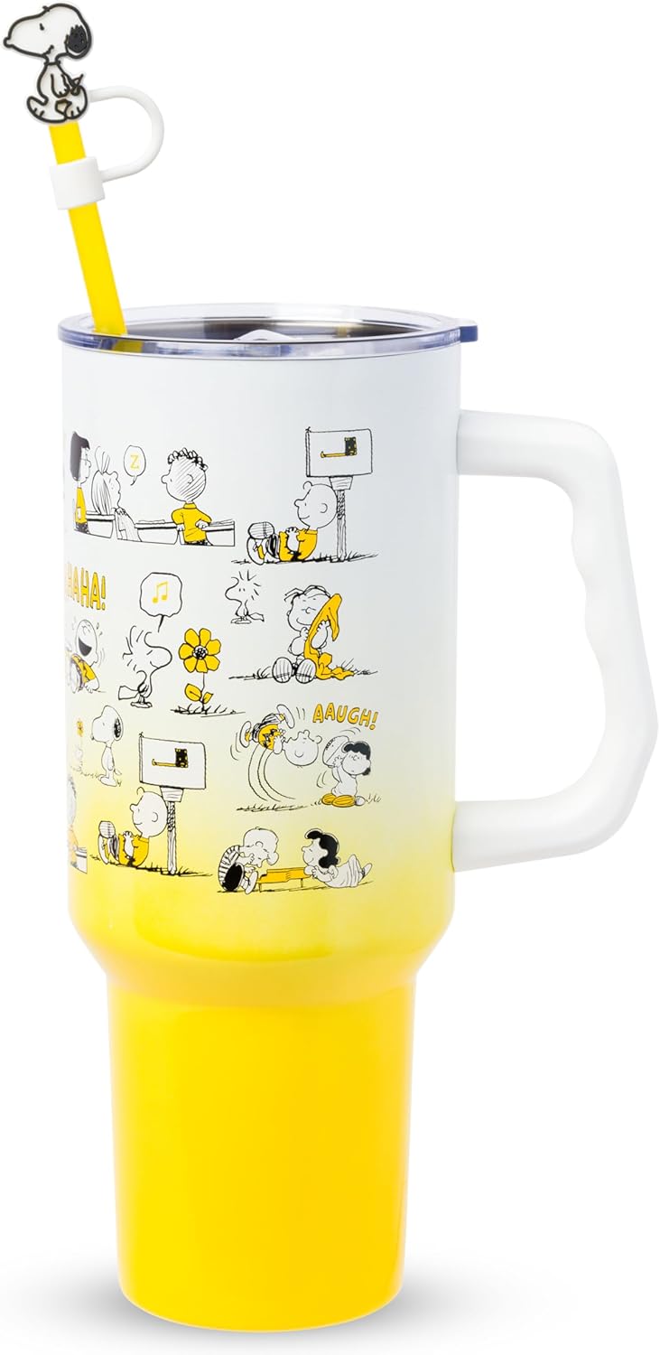 Silver Buffalo Disney Lilo and Stitch - Vaso de acero inoxidable de doble pared con asa y pajilla, diseño vintage, palmeras y flores, se adapta al portavasos estándar, 40 onzas