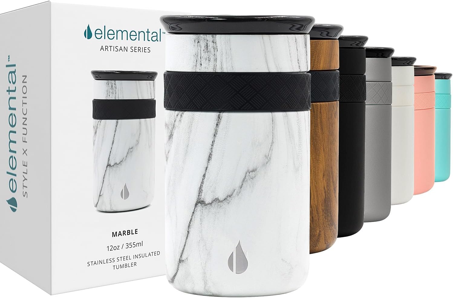 Elemental Vaso aislado artesanal, taza de viaje para café de triple pared, reutilizable, de acero inoxidable, con tapa de cerámica, tazas de café térmicas para bebidas calientes (6 horas) y frías (18 horas), 16 onzas, flores azules