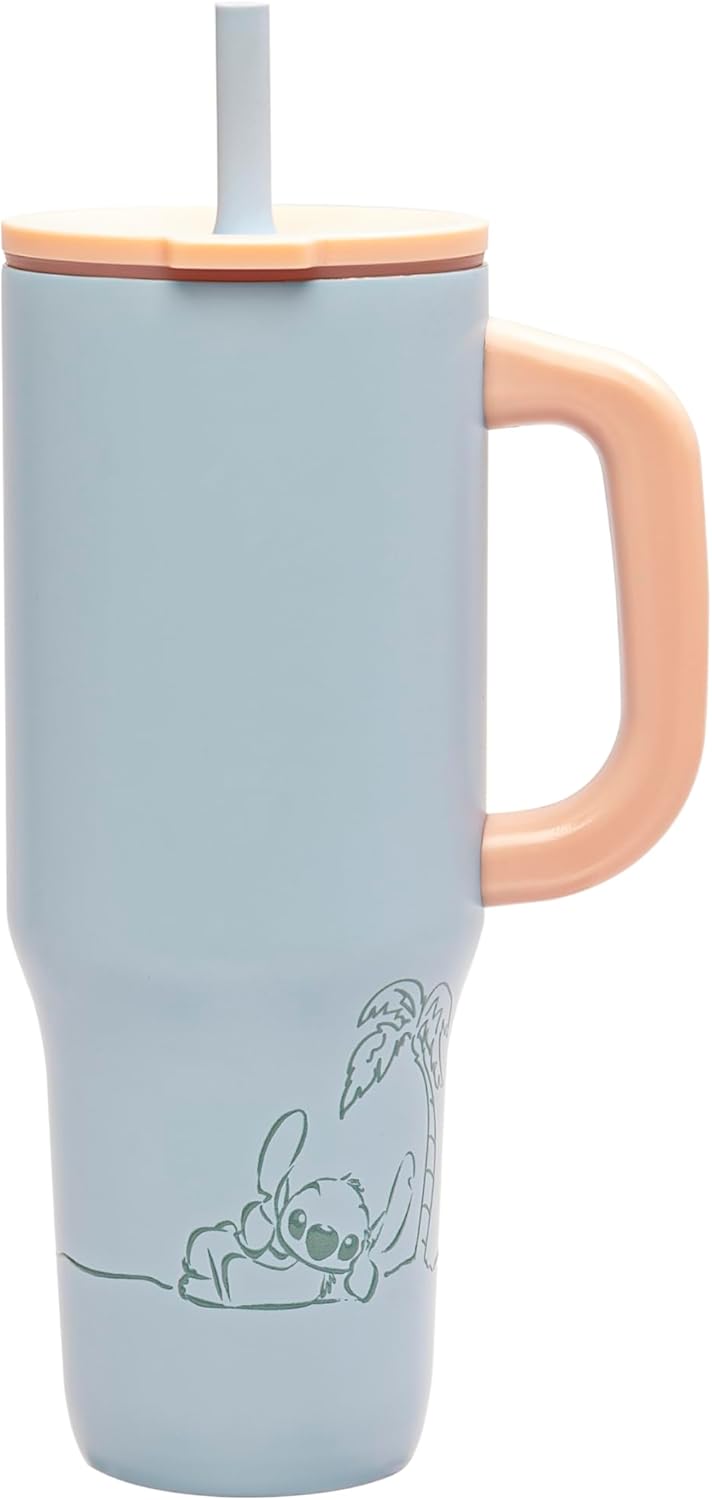 Zak Designs Disney Sutton - Vaso de viaje para llevar o en casa, acero inoxidable de 40 onzas con aislamiento al vacío, popote de silicona, asa de transporte y obras de arte 3D para bebidas frías (Minnie Mouse)