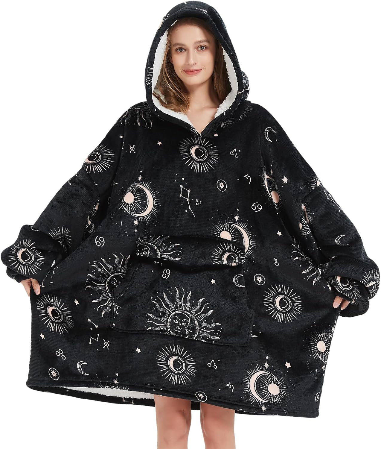Mewkou - Manta con capucha portátil para adultos, manta con capucha de forro polar sherpa de gran tamaño para mujeres y hombres, Sol y Luna