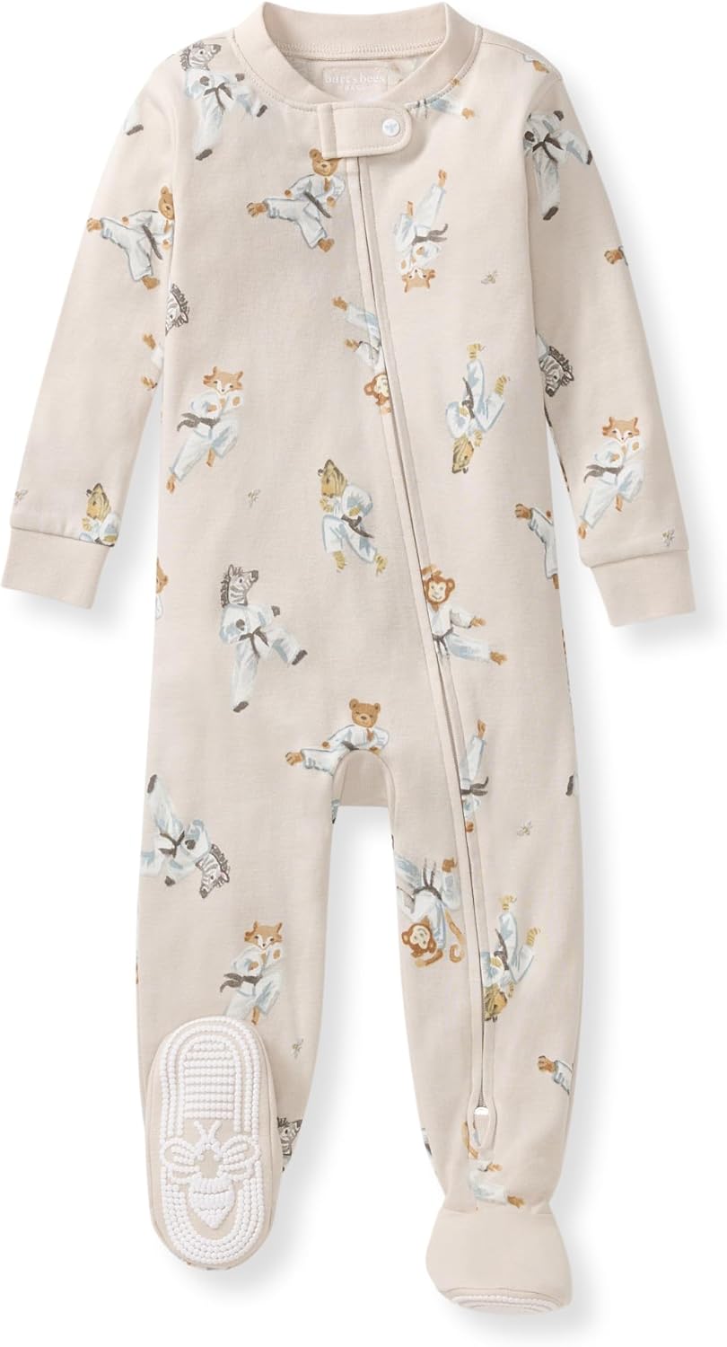Burt's Bees Baby Pijama de algodón orgánico para niños, ajuste cómodo con pies | Convenient 2-way zip front sleeper pajama is equipped with non-slip bee grips for active littles on the move