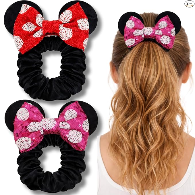 Styla Hair Paquete de 2 coleteros de ratón para niños, de terciopelo, con lentejuelas brillantes, para cola de caballo (rojo y negro)