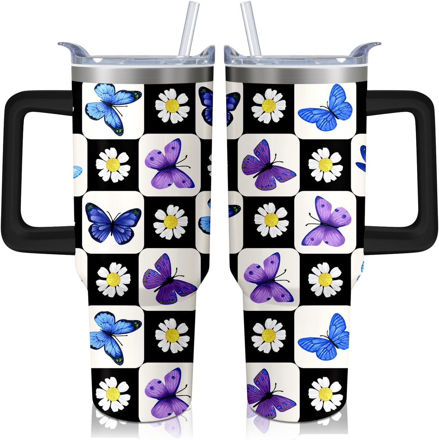 Vaso de rana de 40 onzas con asa y pajilla, taza aislada de acero inoxidable a cuadros búfalo con tapa, taza de café de viaje, botella de agua, regalos de cumpleaños para el día de la madre