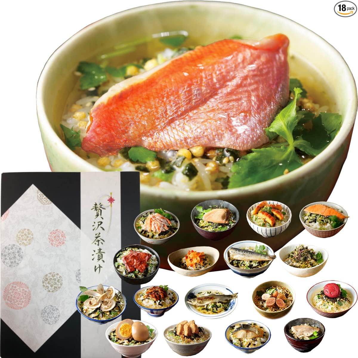 Sugamo no Ocha-ya San Nenen-en Luxury Gift Box Set of 6 Types of Tea-Soaked Foods (Goldeye, Tuna, Eel, Salmon, Sardine, Seaweed)
