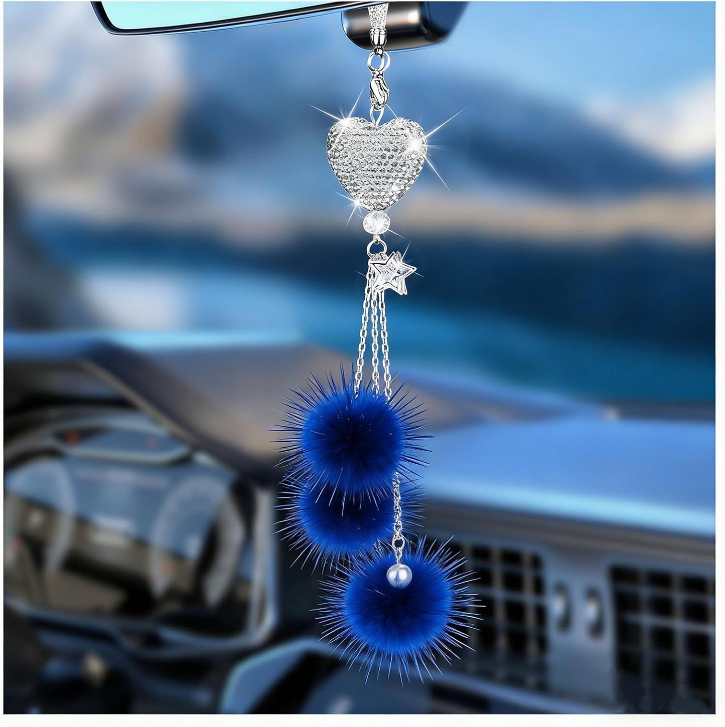 Adorno brillante para colgar en el automóvil, accesorios de espejo de automóvil para mujer, corazón de diamante y bola de felpa mullida, accesorios de automóvil para colgar, colgante para espejo