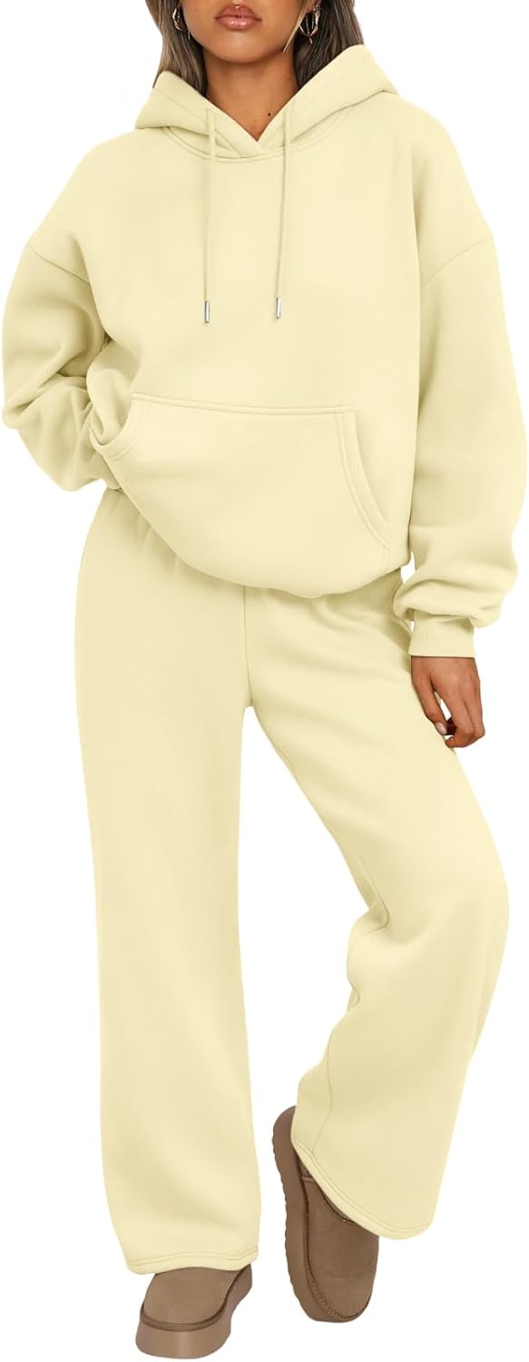 Trendy Queen Conjunto de dos piezas para mujer, ropa de descanso de otoño, conjuntos de moda con sudadera holgada y pantalones de pierna ancha, ropa de invierno | Oversized Drawstring Hoodies&Wide Leg Sweatpants Outfits
