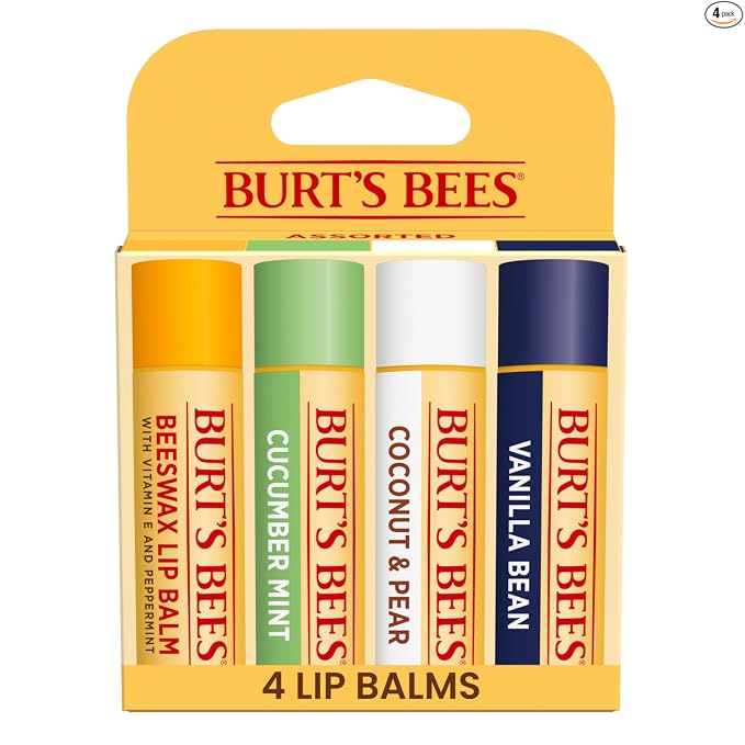 Burt's Bees Gifts Ideas - Juego de bálsamo labial para fiesta de jardín, vainilla lavanda, melocotón dulce, manzana verde, miel de flores silvestres, con cera de abejas de origen responsable, tratamiento labial de origen natural, 0.15 onzas, cuatro tubos