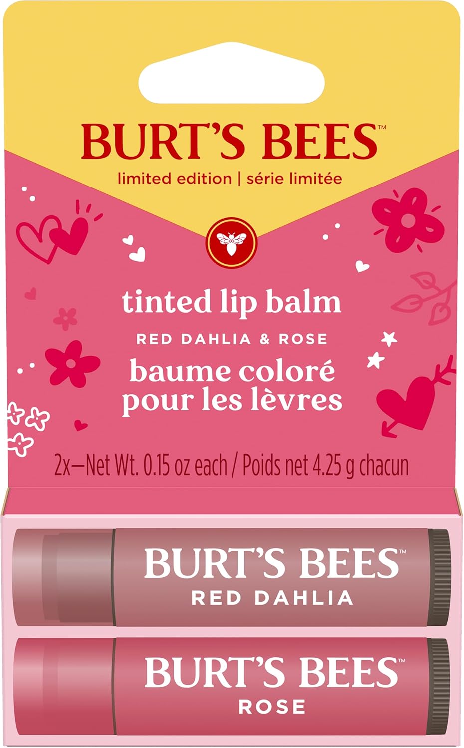 Burt's Bees - Bálsamo labial para rellenar los calcetines, fórmula de bálsamo tintado 2 en 1 de larga duración, infusión de color con manteca de karité hidratante, rosa pétalo (paquete de 2)
