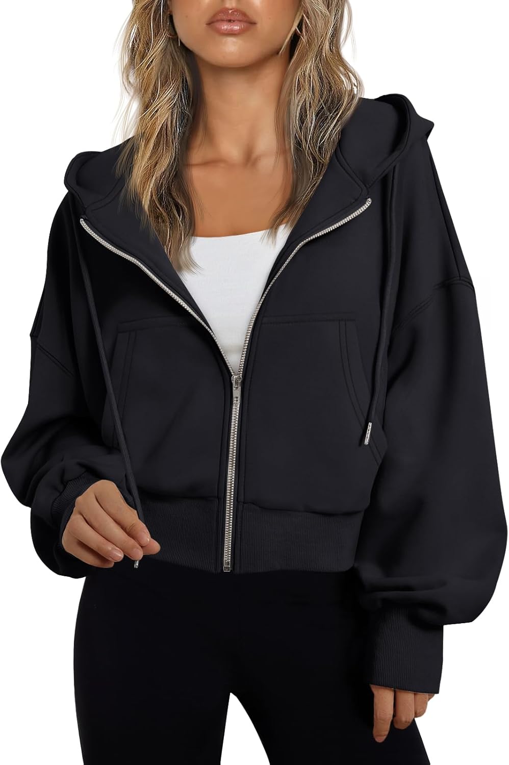 Trendy Queen Sudadera con capucha y cremallera para mujer, ligera, con hombros caídos, chaqueta atlética casual