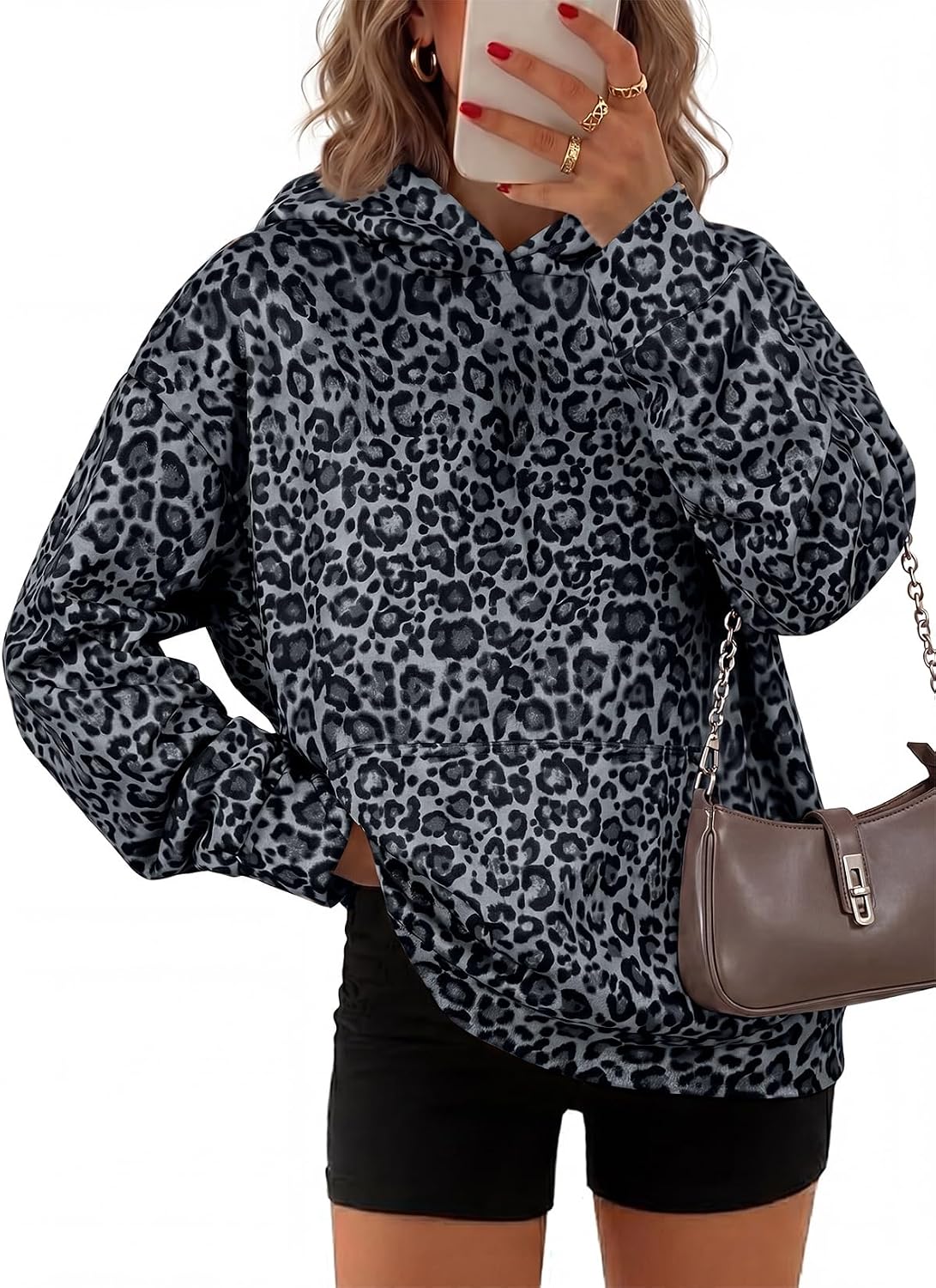 SHEWIN Sudaderas con capucha para mujer, manga larga, estampado de leopardo, sudadera con bolsillos, trajes de otoño para mujer 2026