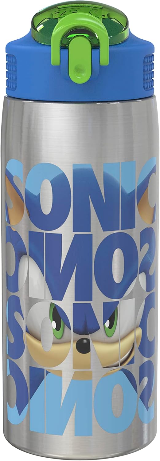 Zak Designs Disney Sage - Botella de agua para niños para la escuela o viajes, botella de agua de acero inoxidable de 19 onzas con pajita, asa y tapa de boquilla desplegable a prueba de fugas (Stitch)