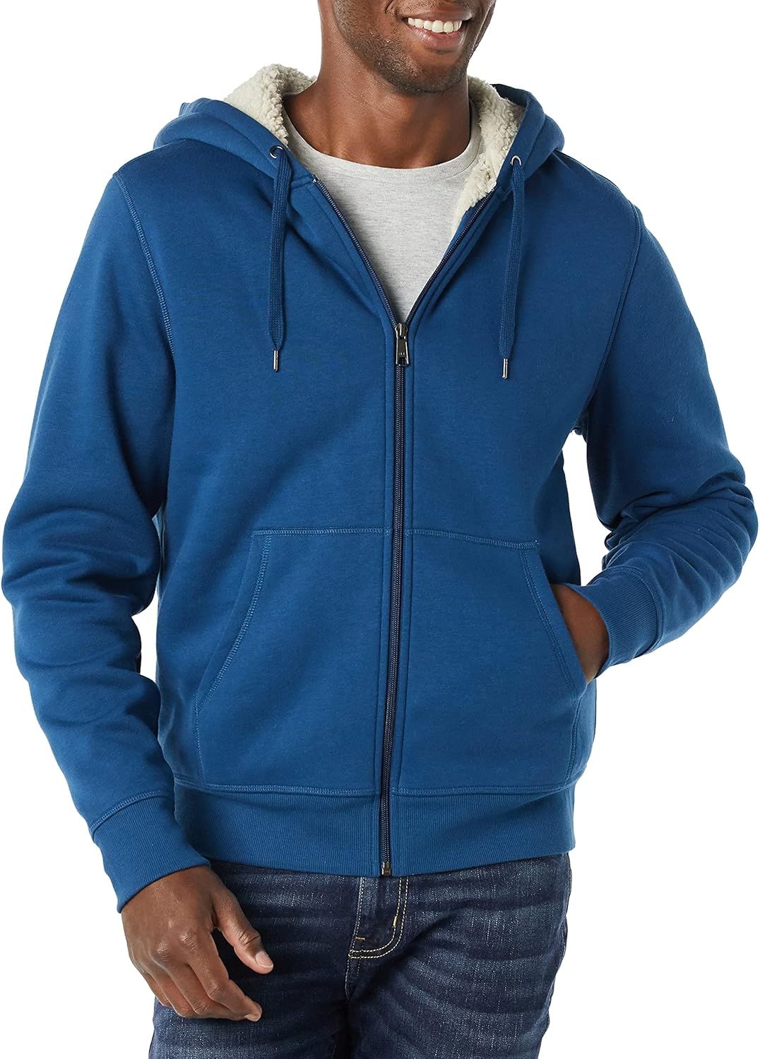 Essentials Sudadera con capucha para hombre, forro de sherpa y cierre completo de cremallera de felpa