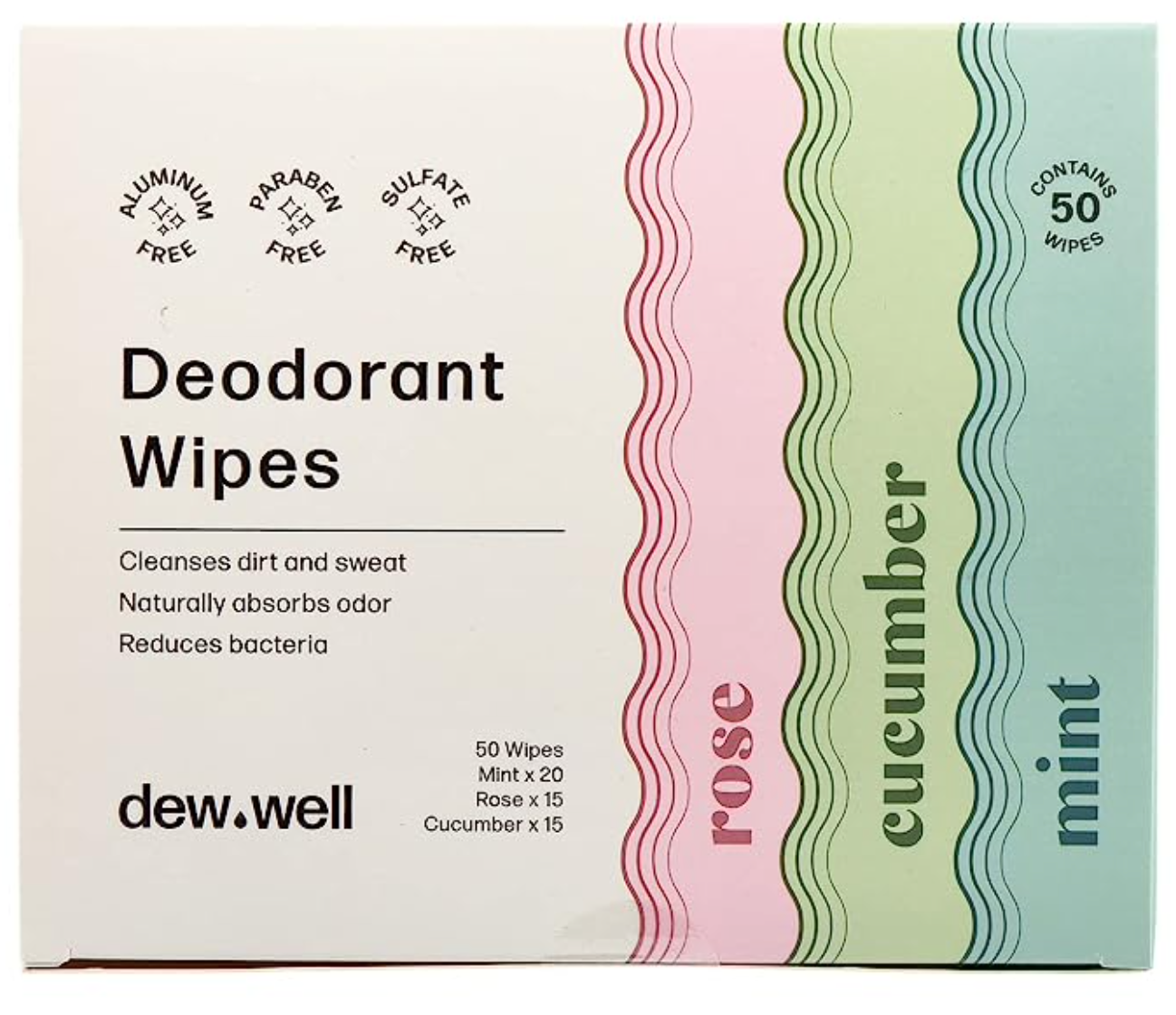 Dew Well - Refresh Deodorant Wipes - A Fresh Start When You’re On the Go - Aluminum, Paraben, and Sulfate Free - Cucumber Scent - 50 Individually Wrapped Wipes