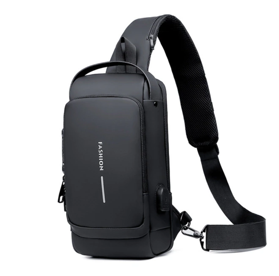 ユニセックス 多機能パテントレザーチェストバッグ,防水クロスオーバーバッグ,USB充電付きトラベルショルダーバッグ
